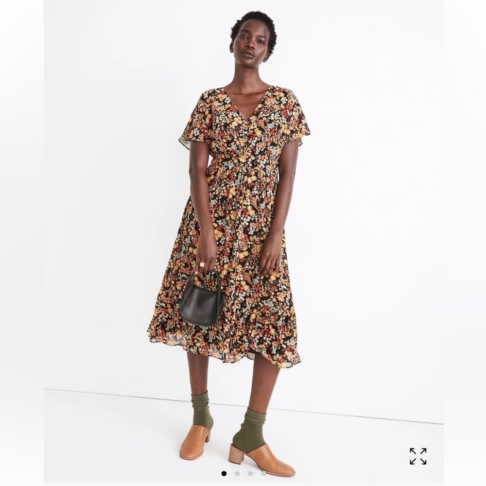 Madewell Dolman-Sleeve Ruffle-Hem Midi Dress Black Floral Size 0
